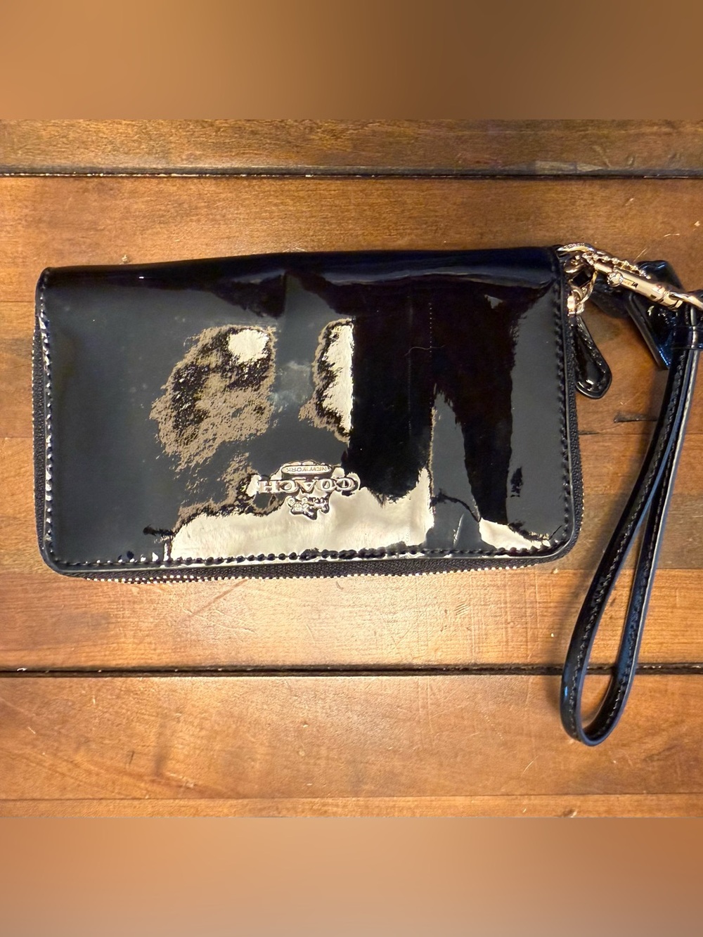 Coach Black Patent Leather Wristlet with Gold Hardware